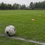 Football resting on quiet early-season training field